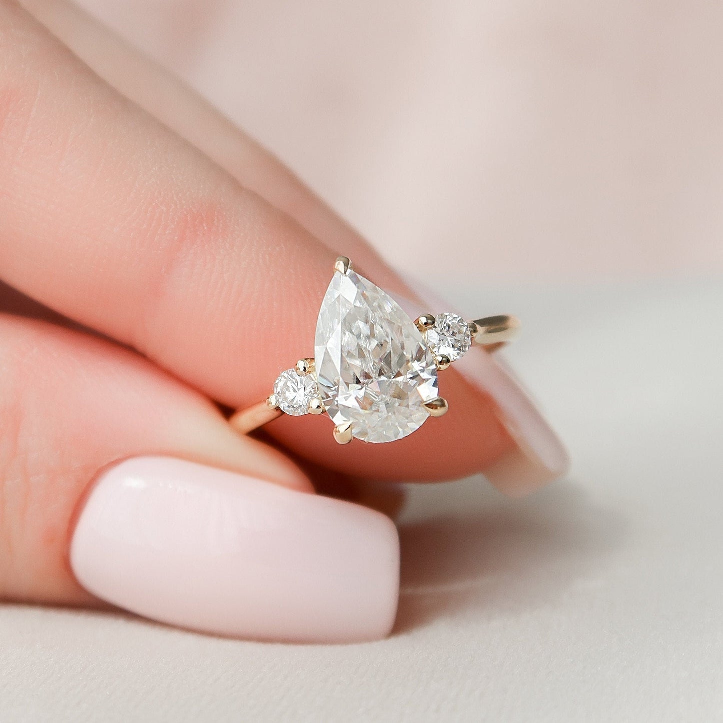 2.0CT Pear Cut Three Stone Moissanite Diamond Engagement Ring