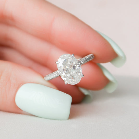 3.0CT Oval Cut Hidden Halo Moissanite Diamond Three Side Pave Engagement Ring
