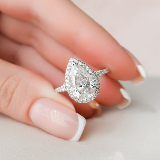 3.0CT Pear Shaped Halo Moissanite Diamond Engagement Ring