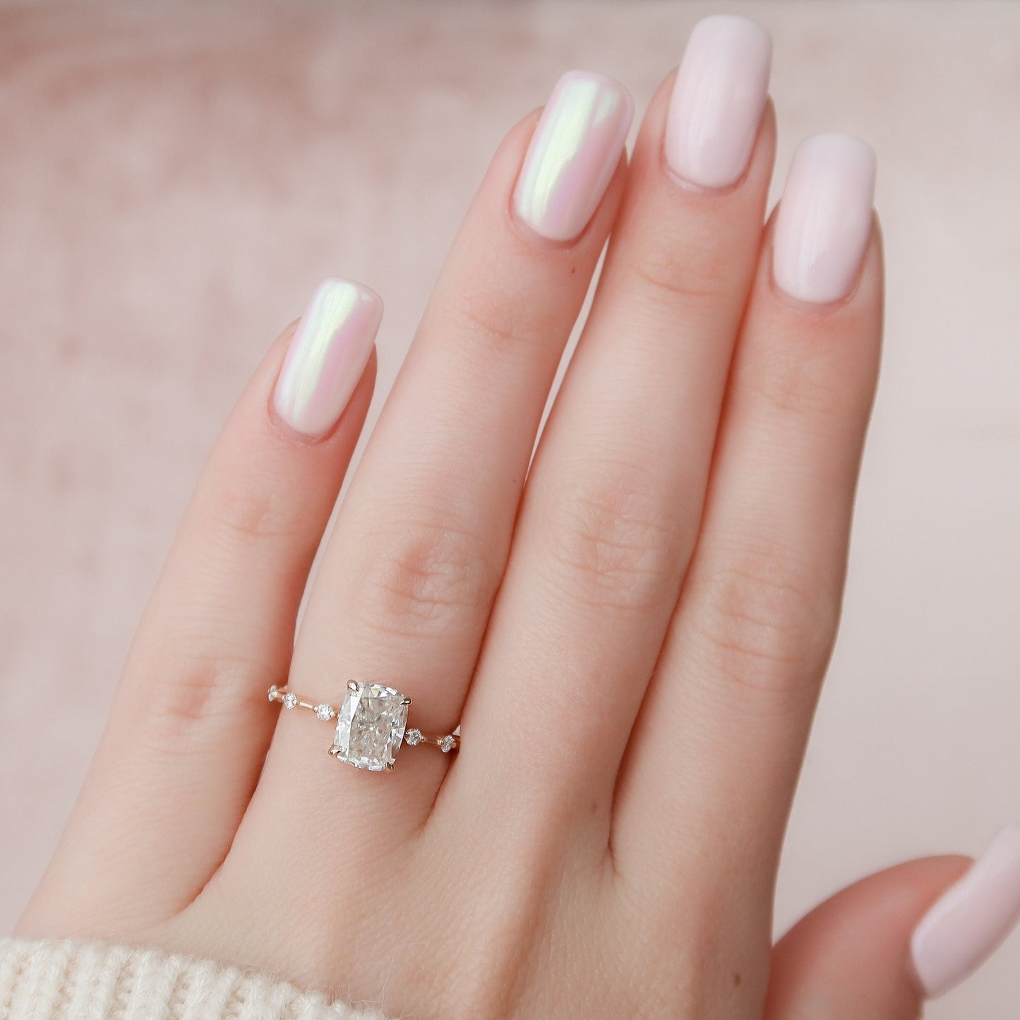 2.0CT Elongated Cushion Cut Petite Pave Moissanite Diamond Engagement Ring