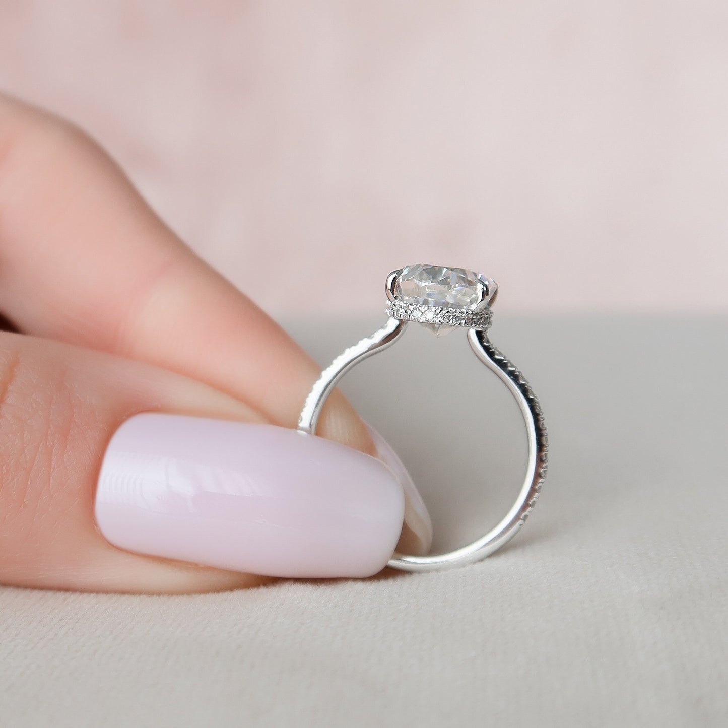 3.50CT Elongated Oval Cut Pave Moissanite Diamond Hidden Halo Engagement Ring