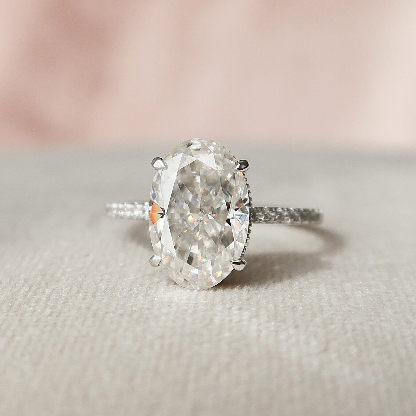 3.50CT Elongated Oval Cut Pave Moissanite Diamond Hidden Halo Engagement Ring