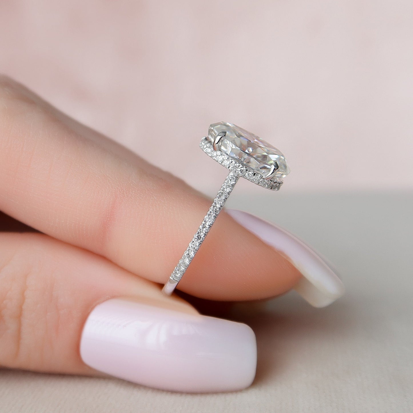 3.50CT Elongated Oval Cut Pave Moissanite Diamond Hidden Halo Engagement Ring