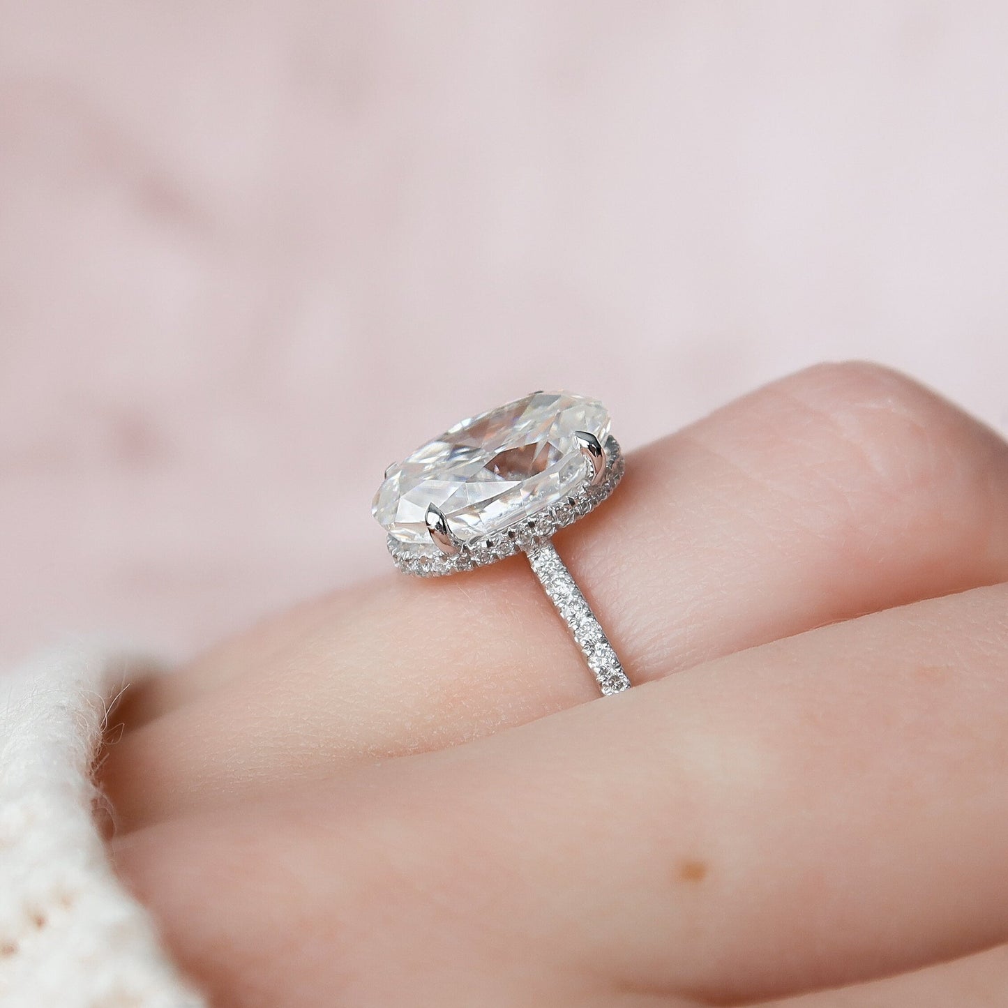 3.50CT Elongated Oval Cut Pave Moissanite Diamond Hidden Halo Engagement Ring