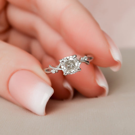1.0CT Cushion Cut Twig Branch Moissanite Diamond Engagement Ring