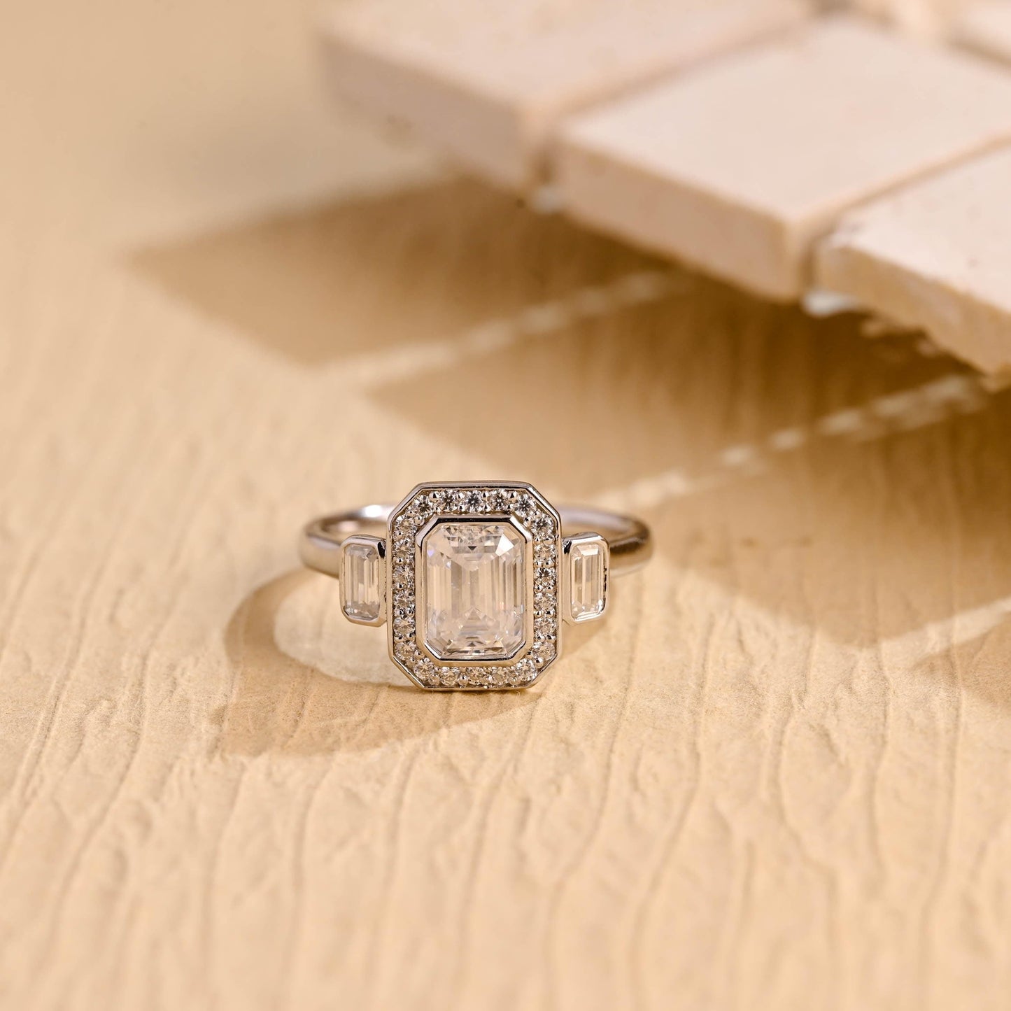 1.0CT Emerald Diamond Halo Moissanite Engagement Ring