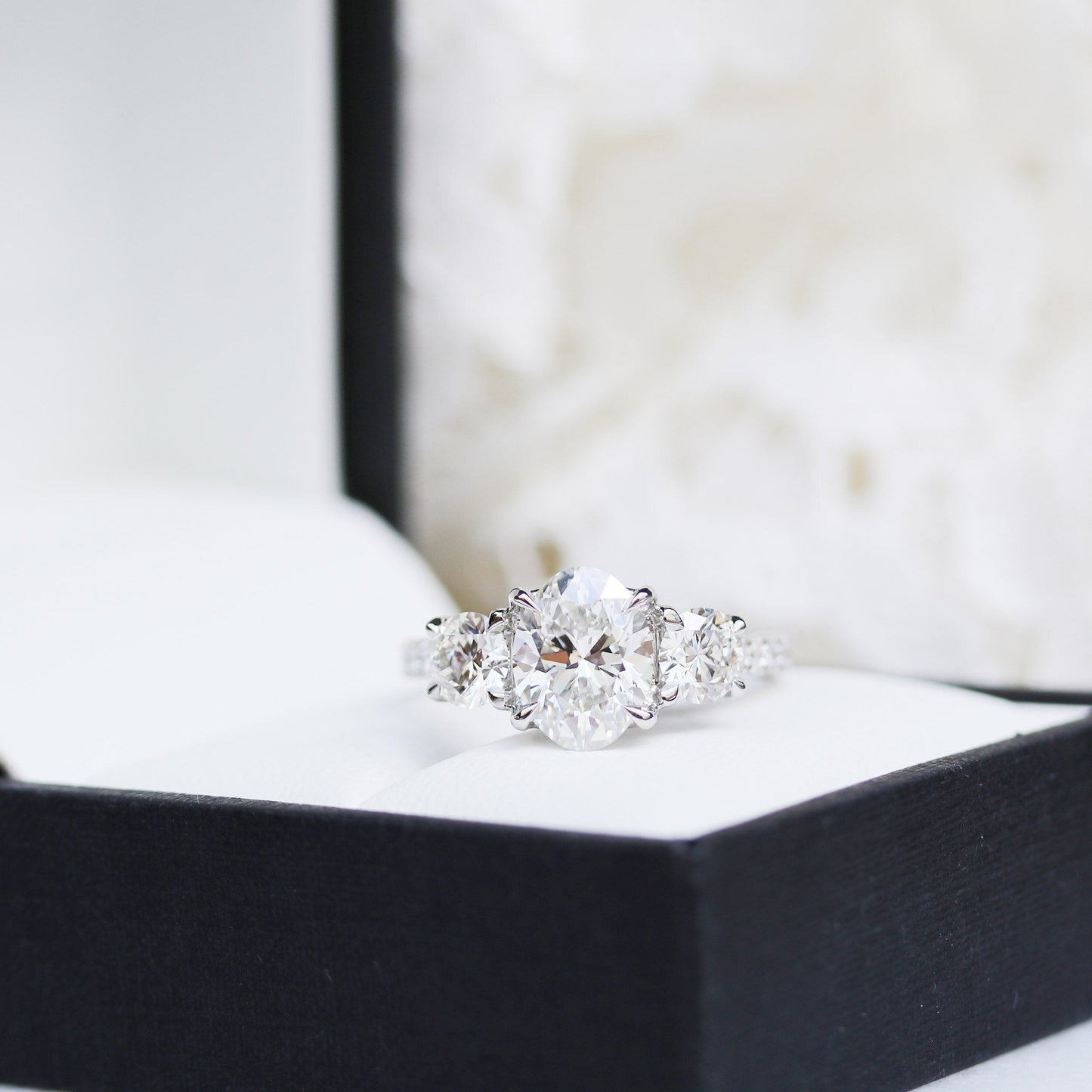 2.0CT Oval Cut Moissanite Three Stone Pave Engagement Ring