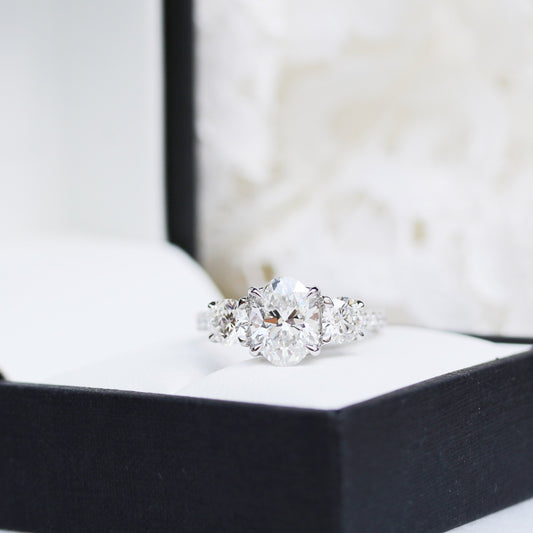 2.0CT Oval Cut Moissanite Three Stone Pave Engagement Ring