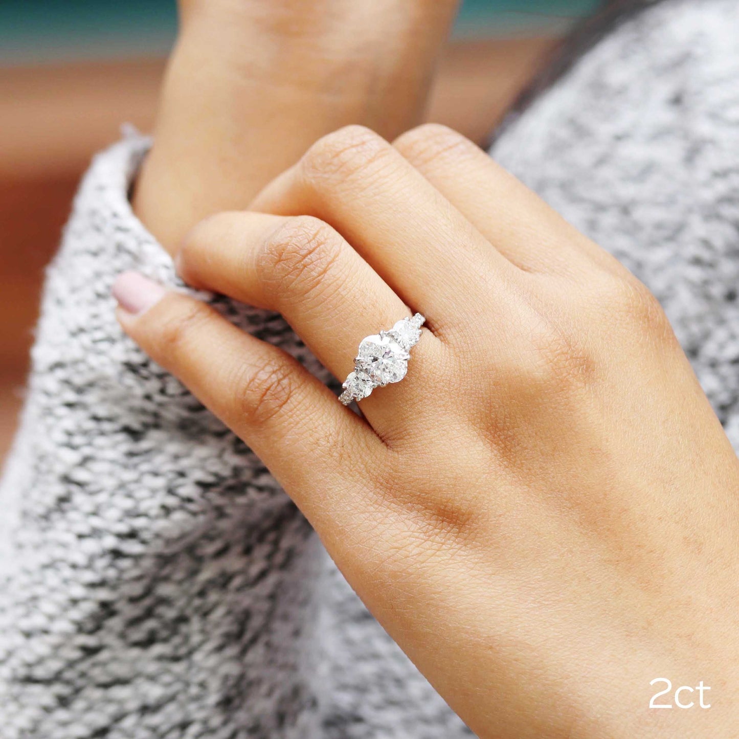 2.0CT Oval Cut Moissanite Three Stone Pave Engagement Ring